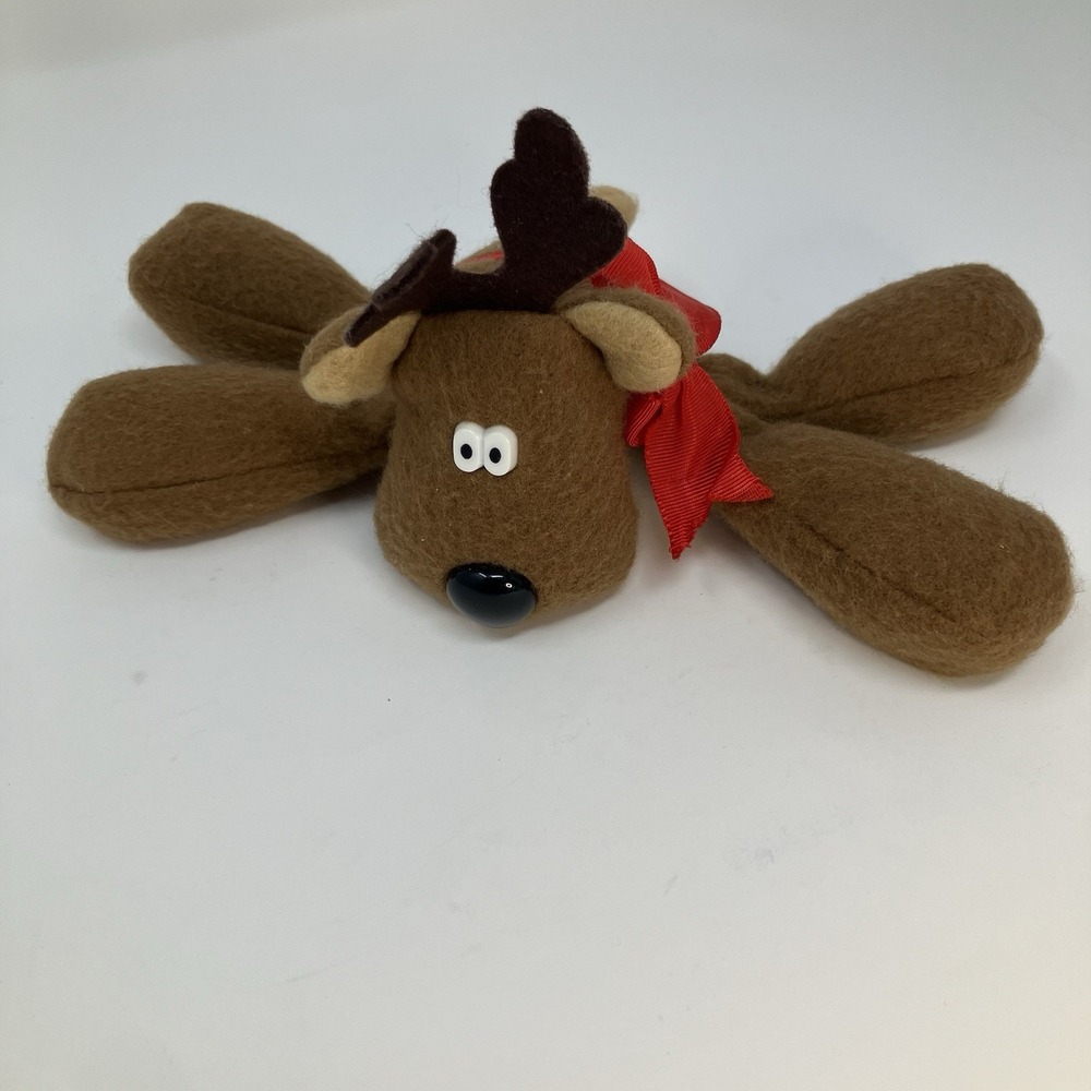 Vintage Hallmark Reindeer Plush Bean Bag Toy Red Bow Flat Lay 650DT381-1